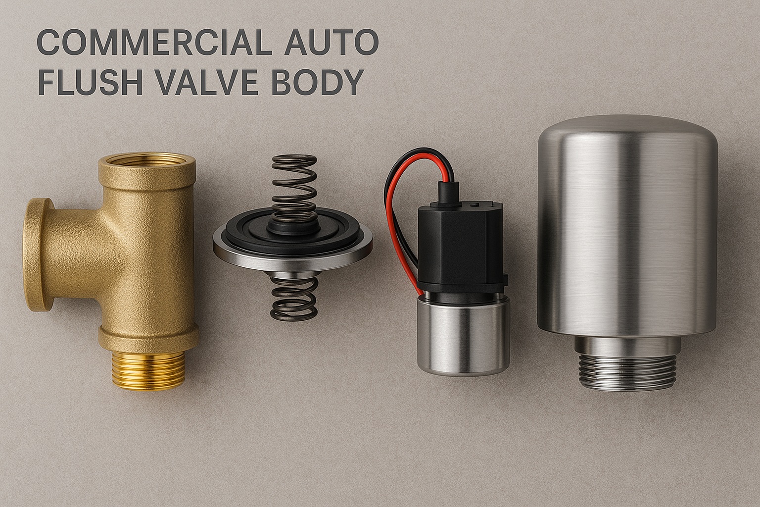 Exploded view of commercial auto flush valve body showing brass casting, solenoid, and diaphragm assembly